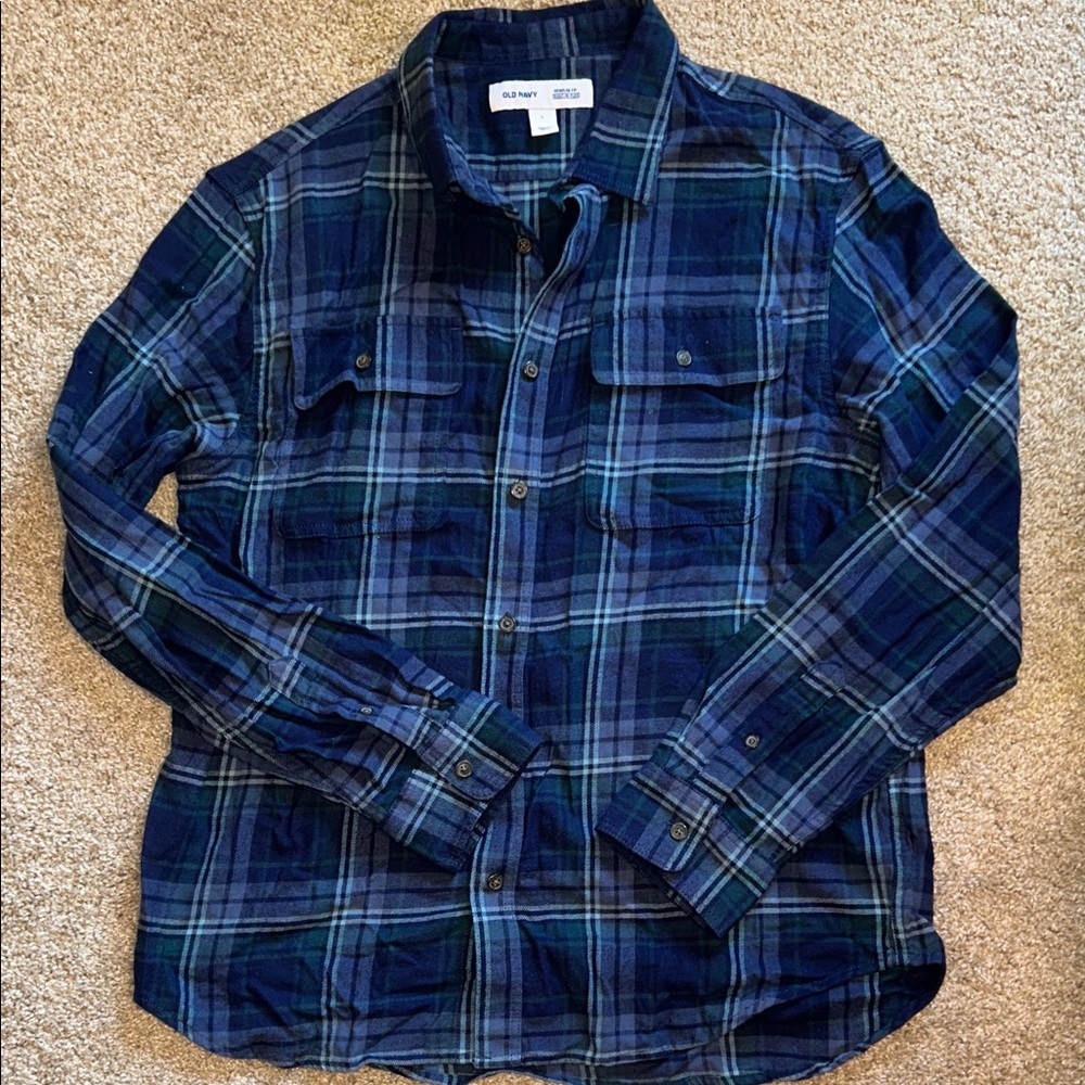 Old Navy Men's Blue and Green Plaid Shirt